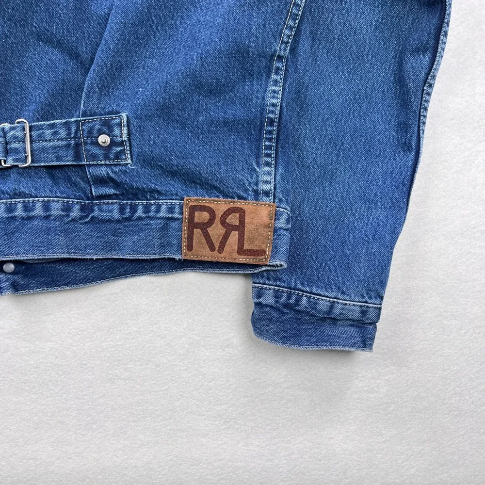 RRL Ralph Lauren Plaid Lined Denim Type 2 Trucker Jacket Mens M Blue Buckle Back